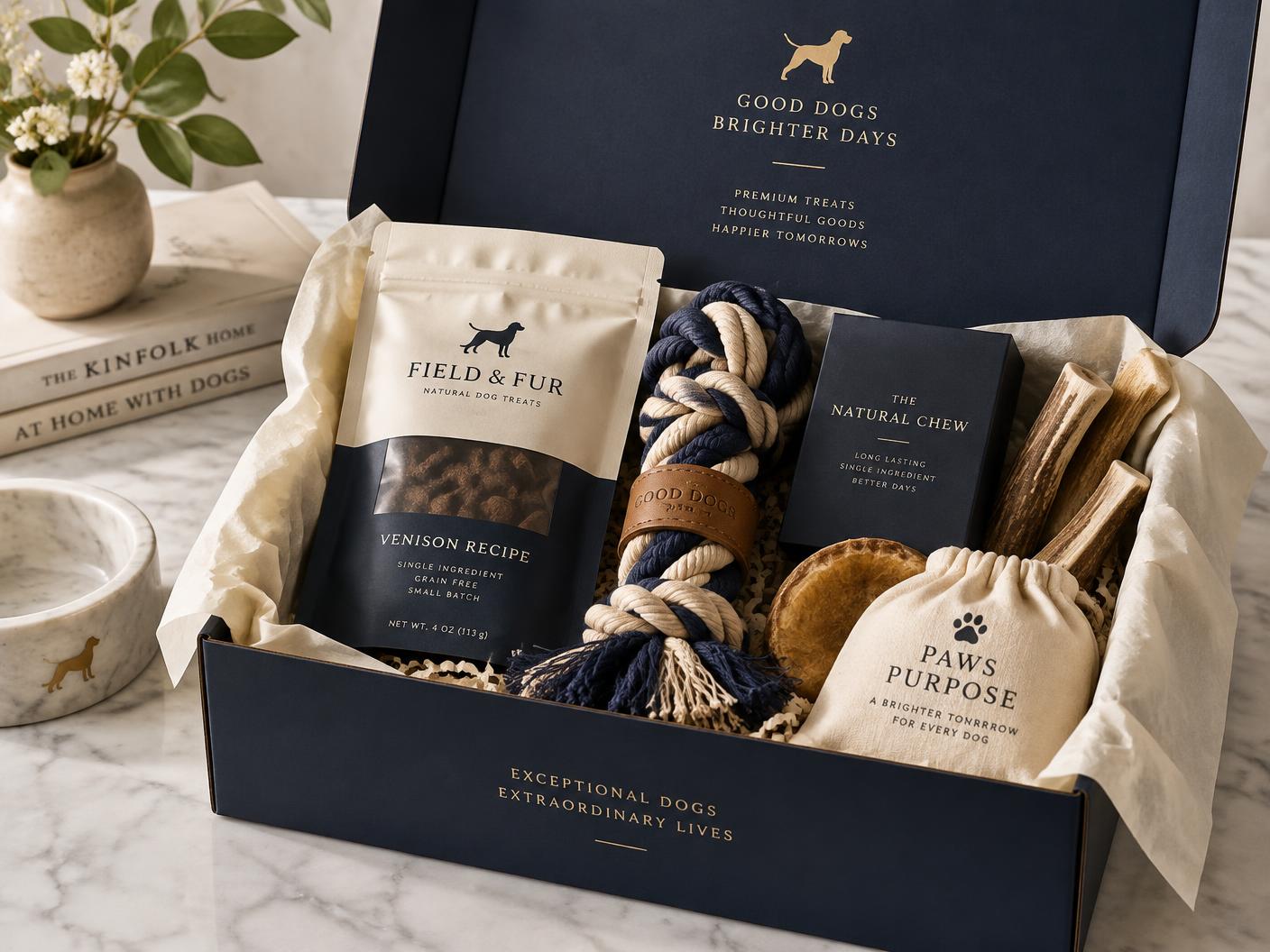An open navy Biscuit Fund distribution box with premium treats, a rope toy and natural chews